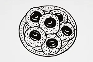 Black and white illustration of jam biscuits on plate Black and white illustration of jam biscuits on plate