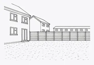 Black and white illustration of lawn and fence in domestic garden Black and white illustration of lawn and fence in domestic garden