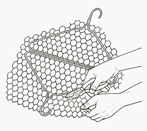 Black and white illustration of making hinged wire barbecue rack from coathanger Black and white illustration of making hinged wire barbecue rack from coathanger