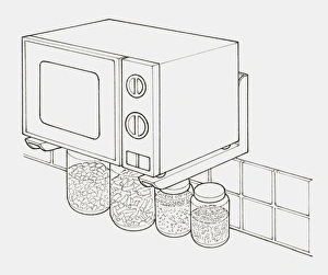 Black and white illustration of microwave mounted on wall with metal brackets, and jars of food underneath Black and white illustration of microwave mounted on wall with metal brackets, and jars of food underneath