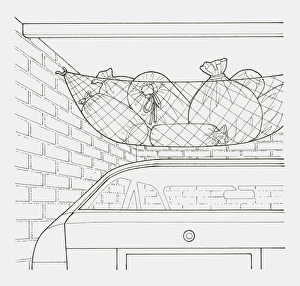Black and white illustration of a net hung across a garages ceiling, holding various items packed up in bags Black and white illustration of a net hung across a garages ceiling, holding various items packed up in bags