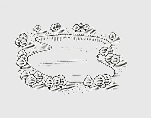 Black and white illustration of of trees surrounding a lake Black and white illustration of of trees surrounding a lake