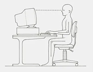 Black and white illustration of office worker positioned at computer with back straight Black and white illustration of office worker positioned at computer with back straight