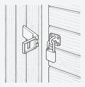 Black and white illustration of open padlock on shed Black and white illustration of open padlock on shed