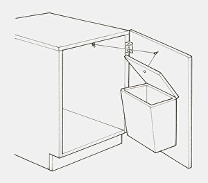 Black and white illustration of plastic waste bin mounted on the inside of a cupboard Black and white illustration of plastic waste bin mounted on the inside of a cupboard