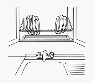 Black and white illustration of plates on rack above kitchen sink Black and white illustration of plates on rack above kitchen sink