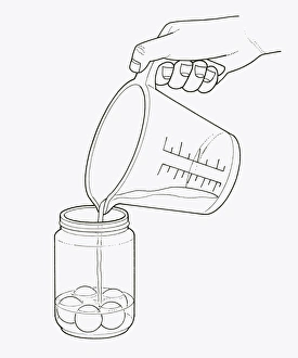 Black and white illustration of pouring water on putty balls in jar Black and white illustration of pouring water on putty balls in jar