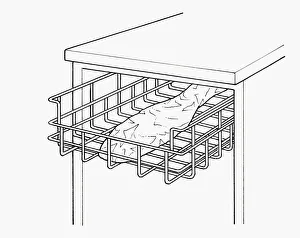 Black and white illustration of preparing to cook wrapped fish in dishwasher Black and white illustration of preparing to cook wrapped fish in dishwasher