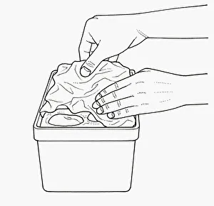 Black and white illustration of putting crumpled paper on cooked fruits to keep them below the surfa Black and white illustration of putting crumpled paper on cooked fruits to keep them below the surfa