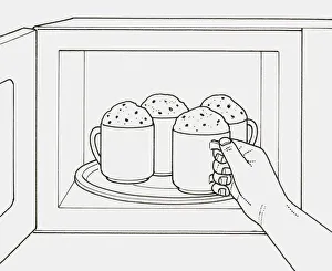 Black and white illustration of removing mug of frothy milk from microwave Black and white illustration of removing mug of frothy milk from microwave