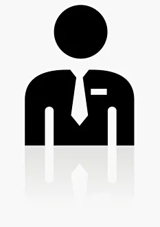 Black and white illustration representing shop assistant wearing name tag on shirt Black and white illustration representing shop assistant wearing name tag on shirt