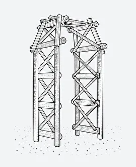 Black and white illustration of rustic arch in garden Black and white illustration of rustic arch in garden
