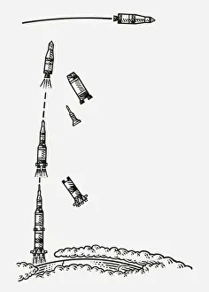 Saturn V Gallery: Black and white illustration of Saturn V rocket being launched