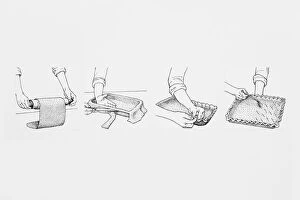 Black and white illustration sequence showing how roll and line a pastry dish