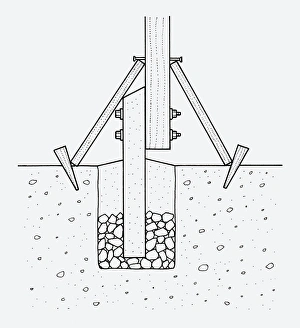 Black and white illustration showing concrete bolted to base of wooden post above soil Black and white illustration showing concrete bolted to base of wooden post above soil