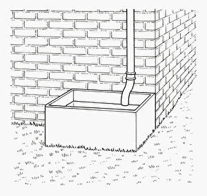 Black and white illustration showing end of downpipe inside water storage tank next to Black and white illustration showing end of downpipe inside water storage tank next to