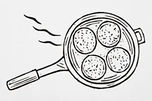 Black and white illustration of four small pancakes in frying pan Black and white illustration of four small pancakes in frying pan