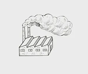 Black and White illustration of smoke billowing from factory chimneys Black and White illustration of smoke billowing from factory chimneys