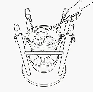 Black and white illustration of straining jelly through bag tied to upturned stool with Black and white illustration of straining jelly through bag tied to upturned stool with