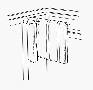 Black and white illustration of tea towels on rail in cupboard Black and white illustration of tea towels on rail in cupboard