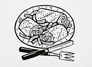 Black and white illustration of tortilla wraps on a plate, fork and knife Black and white illustration of tortilla wraps on a plate, fork and knife