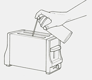Black and white illustration of using compressed air spray to blow crumbs from toaster Black and white illustration of using compressed air spray to blow crumbs from toaster