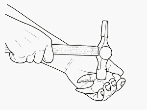 Black and white illustration of using hammer to crack crab claw cupped in palm of hand Black and white illustration of using hammer to crack crab claw cupped in palm of hand