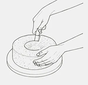 Black and white illustration of using knife to remove centre of cake Black and white illustration of using knife to remove centre of cake