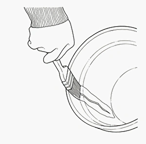 Black and white illustration of using paintbrush to waterproof grout covering crack in Black and white illustration of using paintbrush to waterproof grout covering crack in