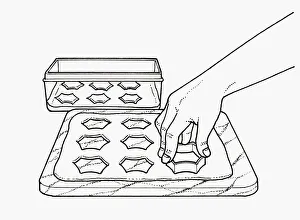 Black and white illustration using pastry cutter to cut shapes from pastry on chopping Black and white illustration using pastry cutter to cut shapes from pastry on chopping