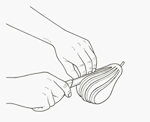 Black and white illustration of using sharp knife to slice pear into fan shape Black and white illustration of using sharp knife to slice pear into fan shape