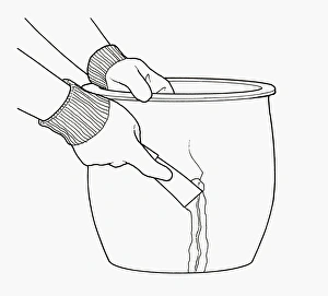 Black and white illustration of using trowel to repair crack in terracotta plant pot with Black and white illustration of using trowel to repair crack in terracotta plant pot with