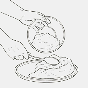 Black and white illustration of using wooden spoon to spread mixture on plate Black and white illustration of using wooden spoon to spread mixture on plate