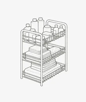 Black and white illustration of various bottles, containers, sponge Black and white illustration of various bottles, containers, sponge