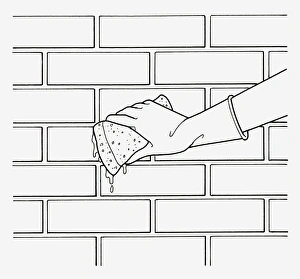 Black and white illustration of wearing washing up glove on hand to sponge brick wall Black and white illustration of wearing washing up glove on hand to sponge brick wall