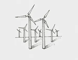 Black and white illustration of wind turbines Black and white illustration of wind turbines
