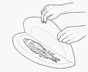 Black and white illustration of wrapping fish in nonstick baking parchment Black and white illustration of wrapping fish in nonstick baking parchment