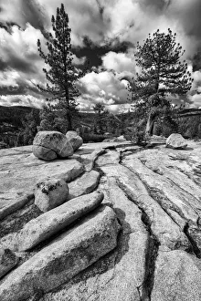 Black and white image of granite outcropping with boulders, Yosemite National Park Black and white image of granite outcropping with boulders, Yosemite National Park