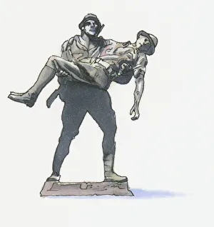 Black and white llustration of Mehmetcik Memorial, showing Turkish Soldier carrying an Black and white llustration of Mehmetcik Memorial, showing Turkish Soldier carrying an
