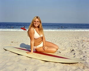 Bikini Gallery: Blond Blonde Woman Young Pink Bikini Sitting On Beach Lean Surf Board