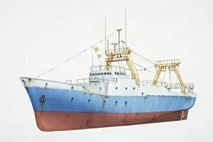 Trawler Collection: Blue and white fishing trawler, side view