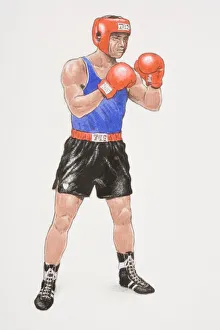 Boxer wearing black shorts, blue vest, red gloves and head protector Boxer wearing black shorts, blue vest, red gloves and head protector