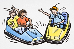 Boy and girl in dodgem, single boy in second dodgem Boy and girl in dodgem, single boy in second dodgem