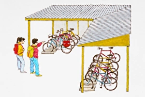Boy and girl standing outside bicycle shelter Boy and girl standing outside bicycle shelter