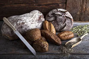 Bread loaves, rolls and a bread knife, rye grain and ears of corn on a rustic wooden Bread loaves, rolls and a bread knife, rye grain and ears of corn on a rustic wooden