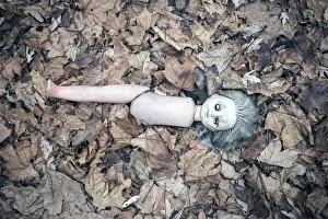 Broken doll lying in the front garden of an abandoned kindergarten, village in the Broken doll lying in the front garden of an abandoned kindergarten, village in the