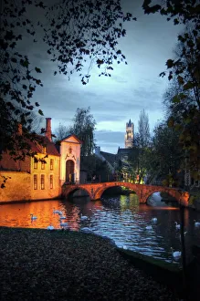 Belfries of Belgium and France Gallery: Bruges canal, swans, bridge and Belfry Cathedral