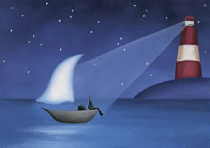 Businessman Sitting on a Boat at Sea Illuminated by a Lighthouse Businessman Sitting on a Boat at Sea Illuminated by a Lighthouse