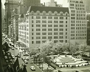 1940 1949 Collection: Busy street at Plaza Hotel, New York City, (B&W), (Elevated view)