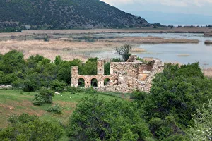 Byazntine basilica on the island of Agios Achilios , Small Prespa Lake, Macedonia, Greece Byazntine basilica on the island of Agios Achilios , Small Prespa Lake, Macedonia, Greece